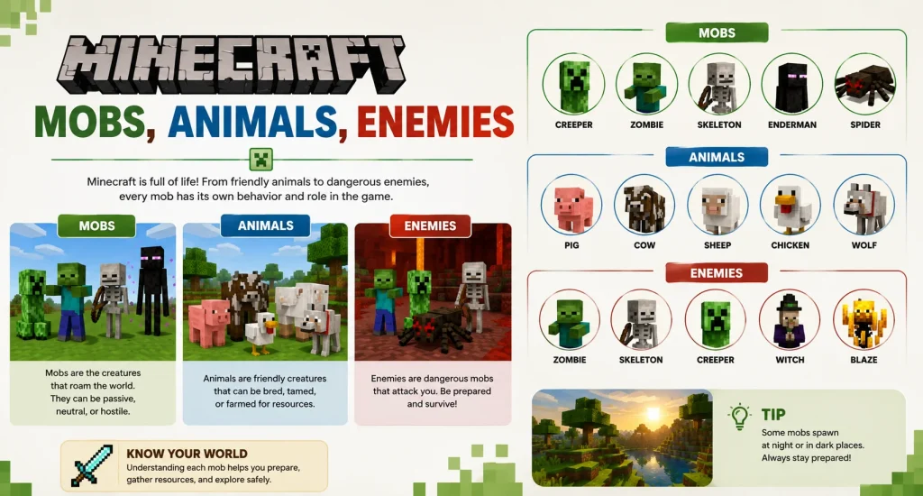 Minecraft Mobs, Animals, Enemies